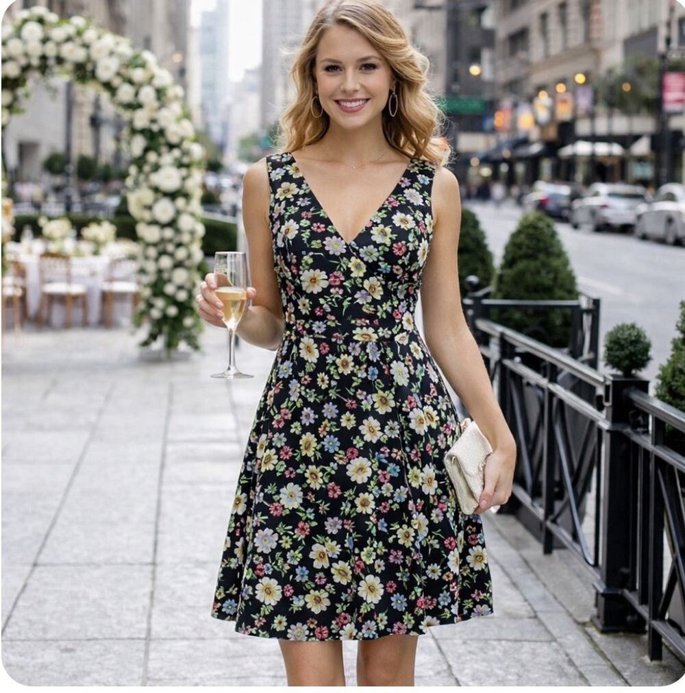 Eliza J Sz 4 Slvls Embroidered Fit N Flare V Neck Black All Over Floral Dress